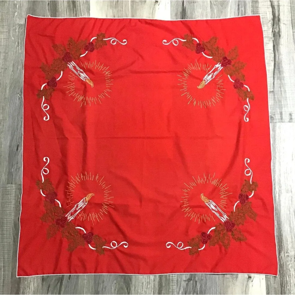 VTG 50's Christmas Tablecloth Red Embroidered Candles Holly 42x42 MCM Whimsical